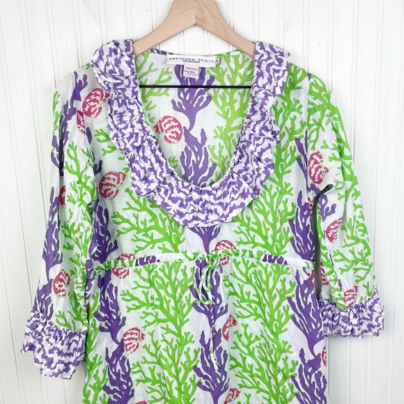 Gretchen Scott Designs Women's Ruffle Neck Dress Purple Green Reef Print Medium - Picture 3 of 7